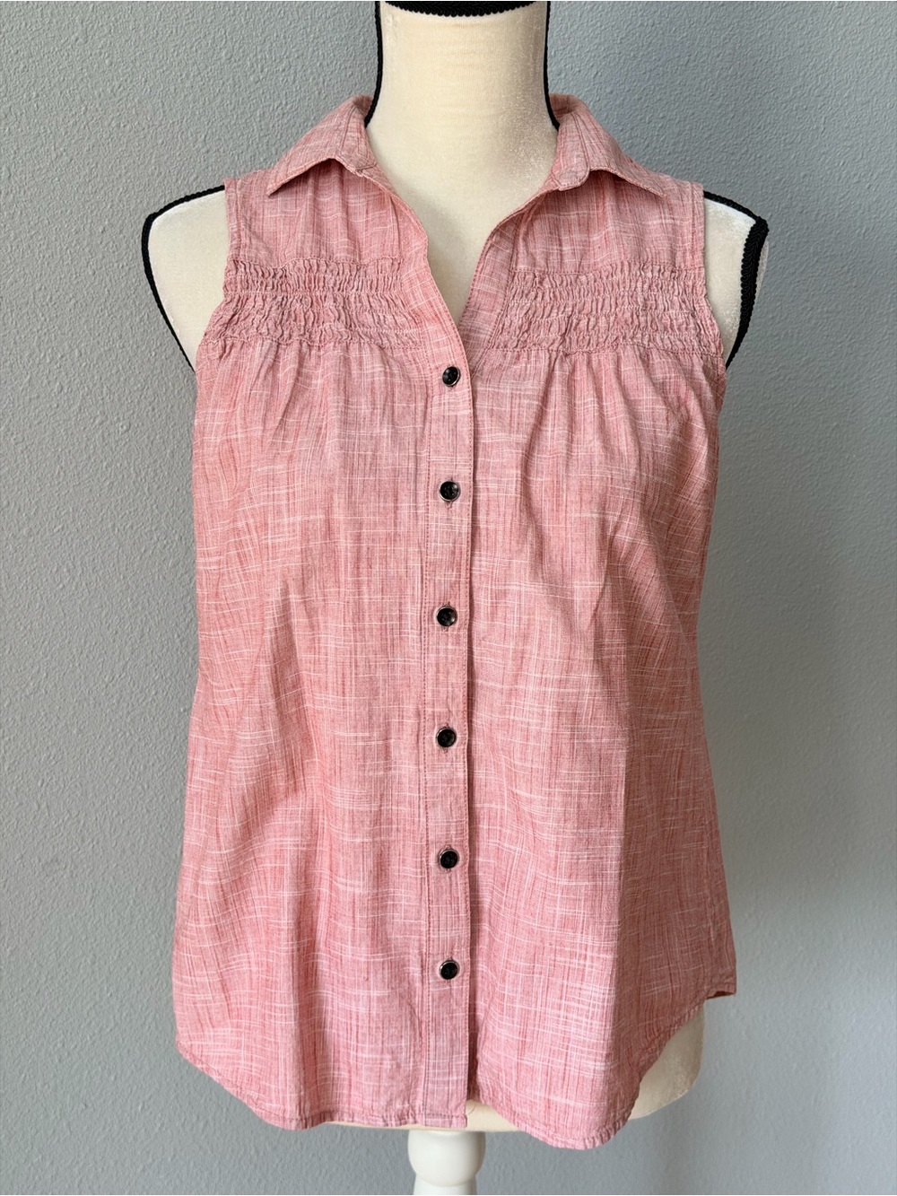 Old Ranch Pink Smocked Sleeveless Collared Button-Up Top Sz S